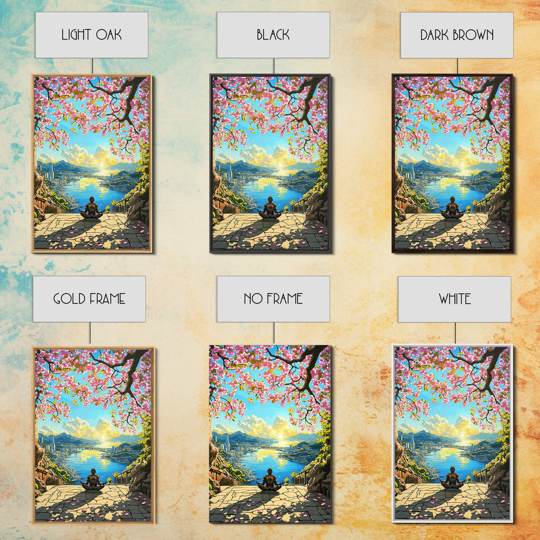 Cherry Blossom Ocean City Meditation Canvas Print, Japanese Landscape Wall Art, Sakura Sunrise Decor, Zen Home Decor Gift