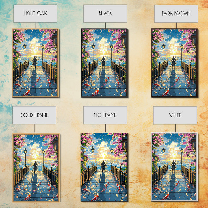 Samurai On Lantern Bridge At Ocean Sunset Wall Art, Japanese Cherry Blossom Koi Print, Anime Landscape Living Room Decor