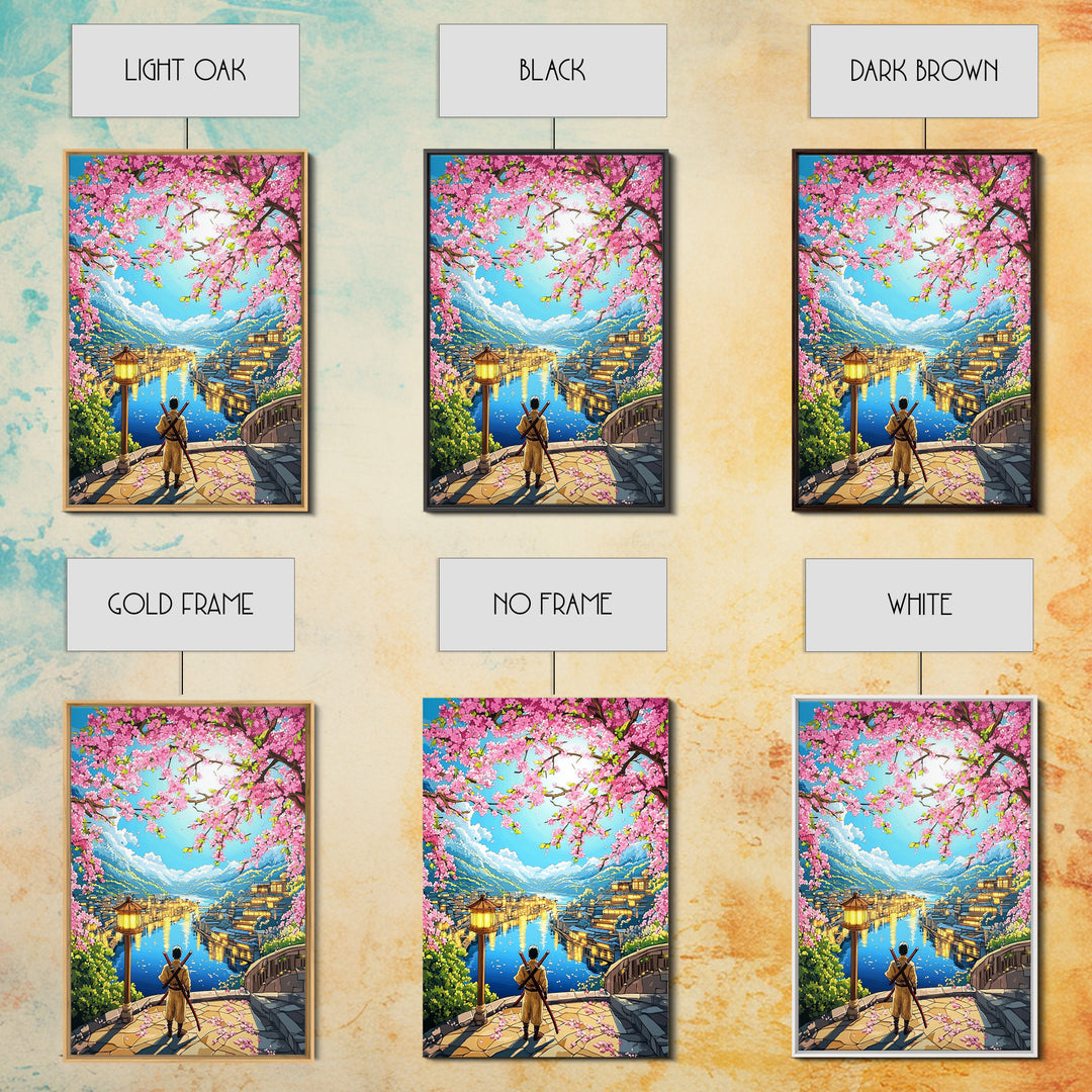 Samurai Over Lake Village With Cherry Blossoms Canvas Print, Japanese Wall Art, Anime Landscape, Travel Inspired Home Decor