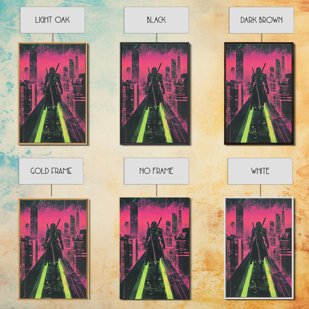 Cyberpunk Samurai On Neon Rooftop Wall Art, Futuristic Cityscape Poster, Pink Green Sci Fi Gaming Room Decor For Him Gift