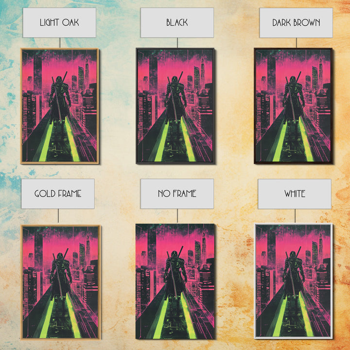 Cyberpunk Samurai On Neon Rooftop Wall Art, Futuristic Cityscape Poster, Pink Green Sci Fi Gaming Room Decor For Him Gift