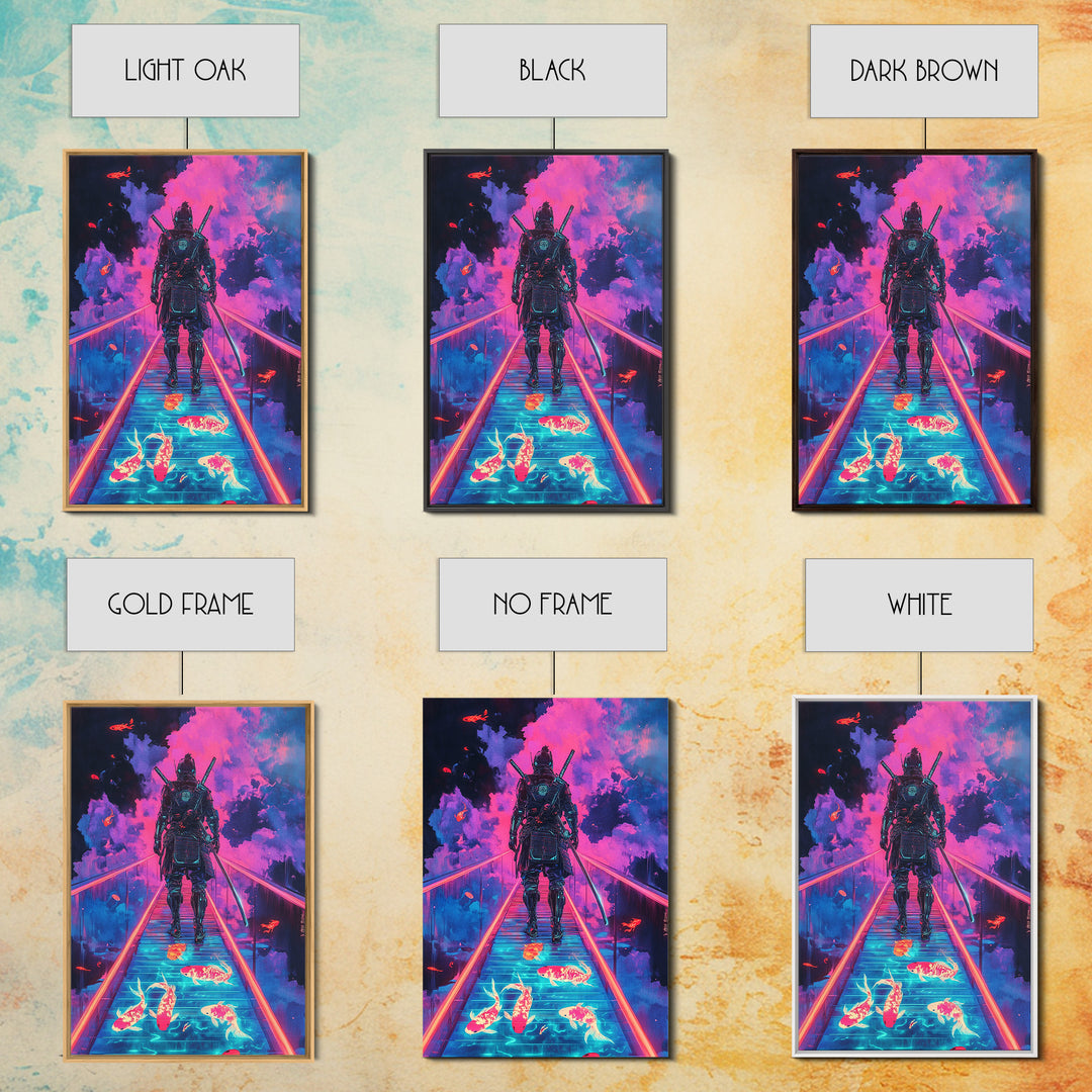 Neon Samurai On Glowing Koi Bridge Framed Canvas Print, Cyberpunk Wall Art, Surreal Japanese Anime Gaming Room Decor Gift
