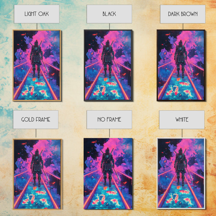 Neon Samurai On Glowing Koi Bridge Framed Canvas Print, Cyberpunk Wall Art, Surreal Japanese Anime Gaming Room Decor Gift