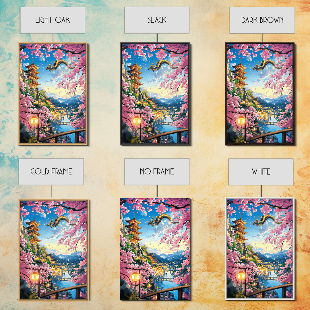 Flying Dragon Above Sakura Pagoda Framed Canvas Print, Japanese Fantasy Landscape Wall Art, Pink Cherry Blossom Decor Print