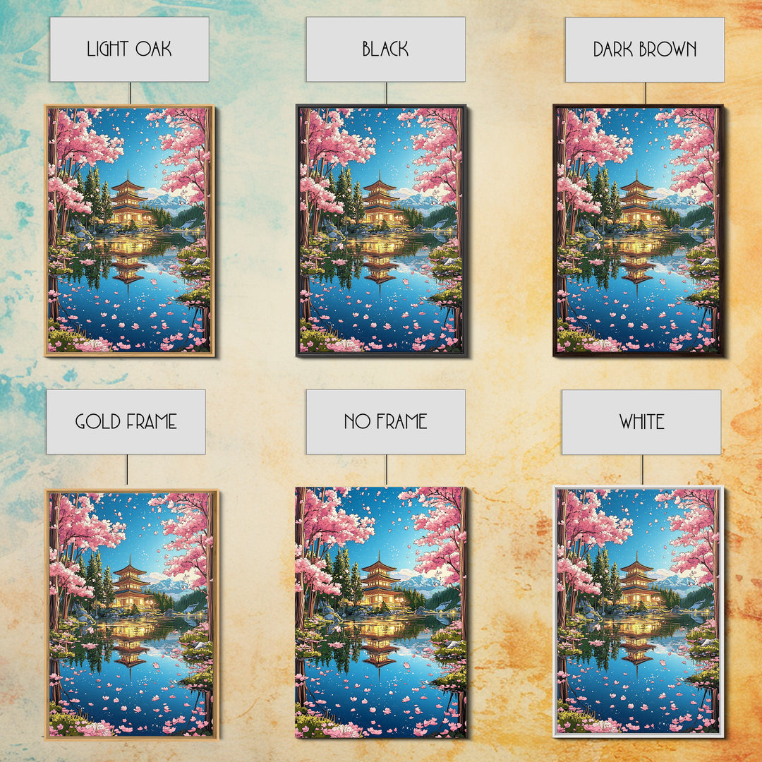 Cherry Blossom Pagoda Lake Reflection Wall Art, Japanese Landscape Canvas, Sakura Temple Decor, Serene Asian Home Decor Print