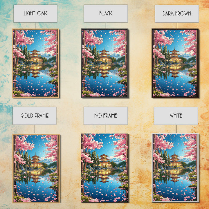 Cherry Blossom Pagoda Lake Reflection Wall Art, Japanese Landscape Canvas, Sakura Temple Decor, Serene Asian Home Decor Print