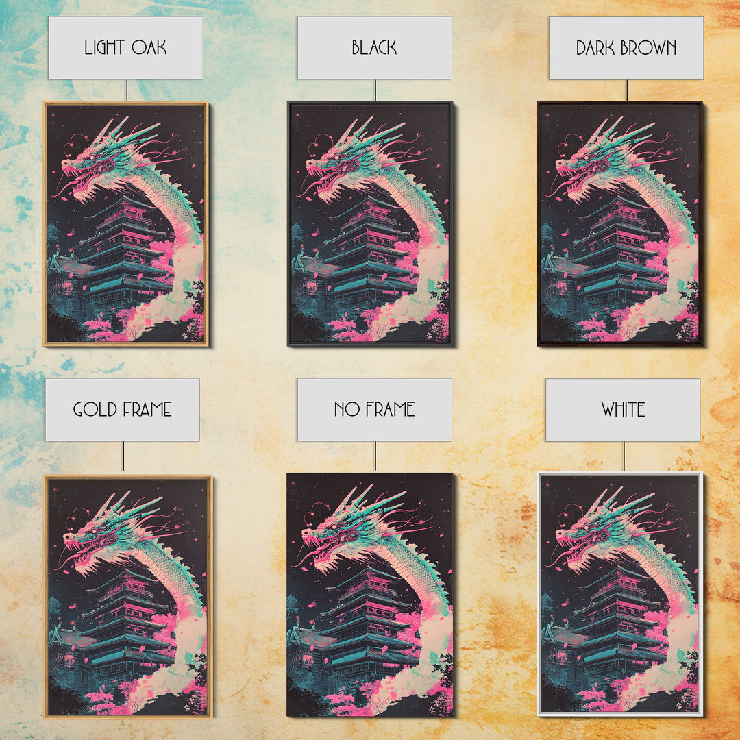 Neon Dragon Rising Over Midnight Pagoda Canvas Print, Japanese Cyberpunk Wall Art, Pink Sakura Fantasy Decor For Gaming Room