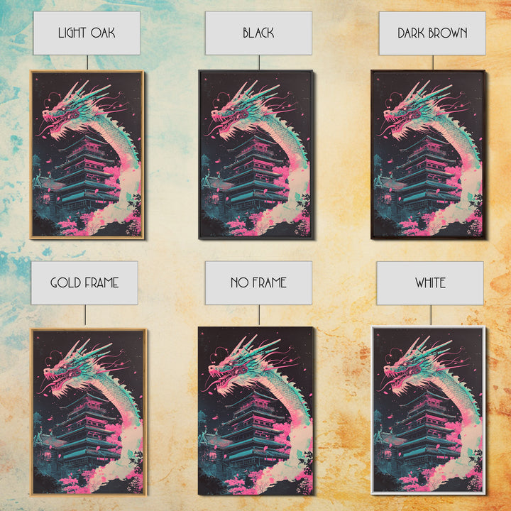 Neon Dragon Rising Over Midnight Pagoda Canvas Print, Japanese Cyberpunk Wall Art, Pink Sakura Fantasy Decor For Gaming Room