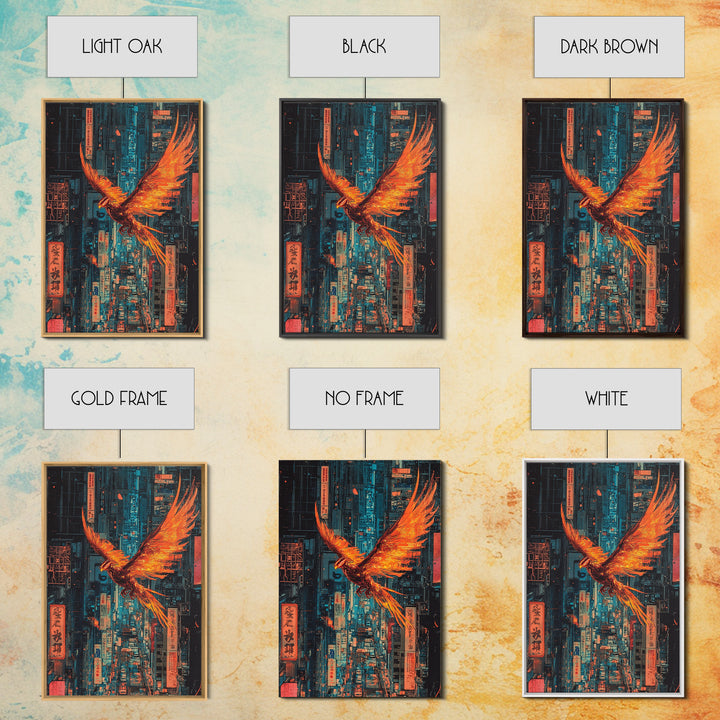 Fiery Phoenix Flying Through Neon Alley Wall Art, Cyberpunk City Canvas, Orange Bird Poster For Modern Office Decor Gift