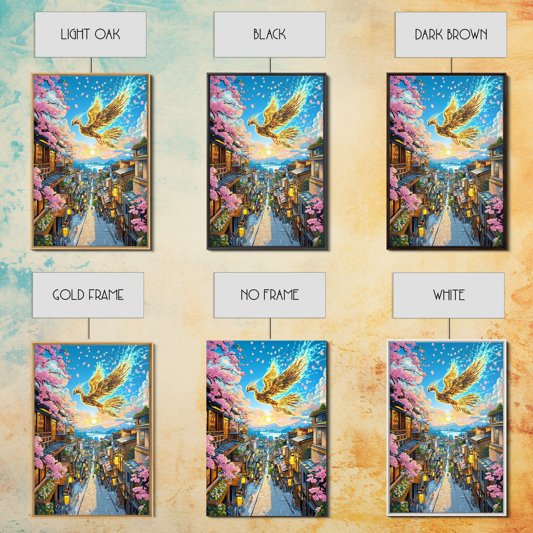 Golden Phoenix Over Sakura Hillside Town Framed Canvas Print, Japanese Fantasy Wall Art, Cherry Blossom Sunrise Decor For Home