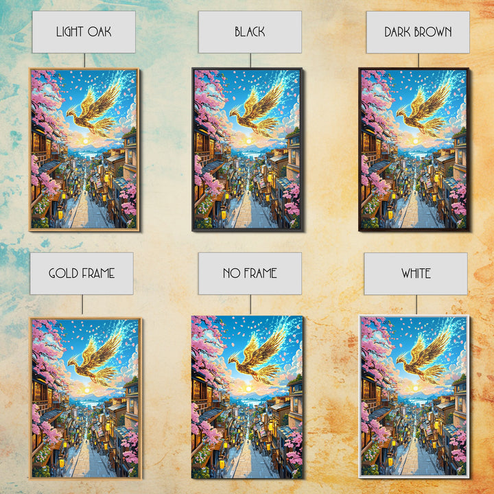 Golden Phoenix Over Sakura Hillside Town Framed Canvas Print, Japanese Fantasy Wall Art, Cherry Blossom Sunrise Decor For Home