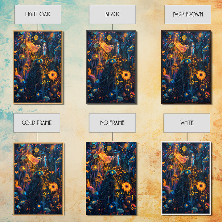 Luminous Birds In Enchanted Jungle Wall Art, Whimsical Fantasy Canvas, Celestial Moon Decor For Boho Maximalist Home Decor
