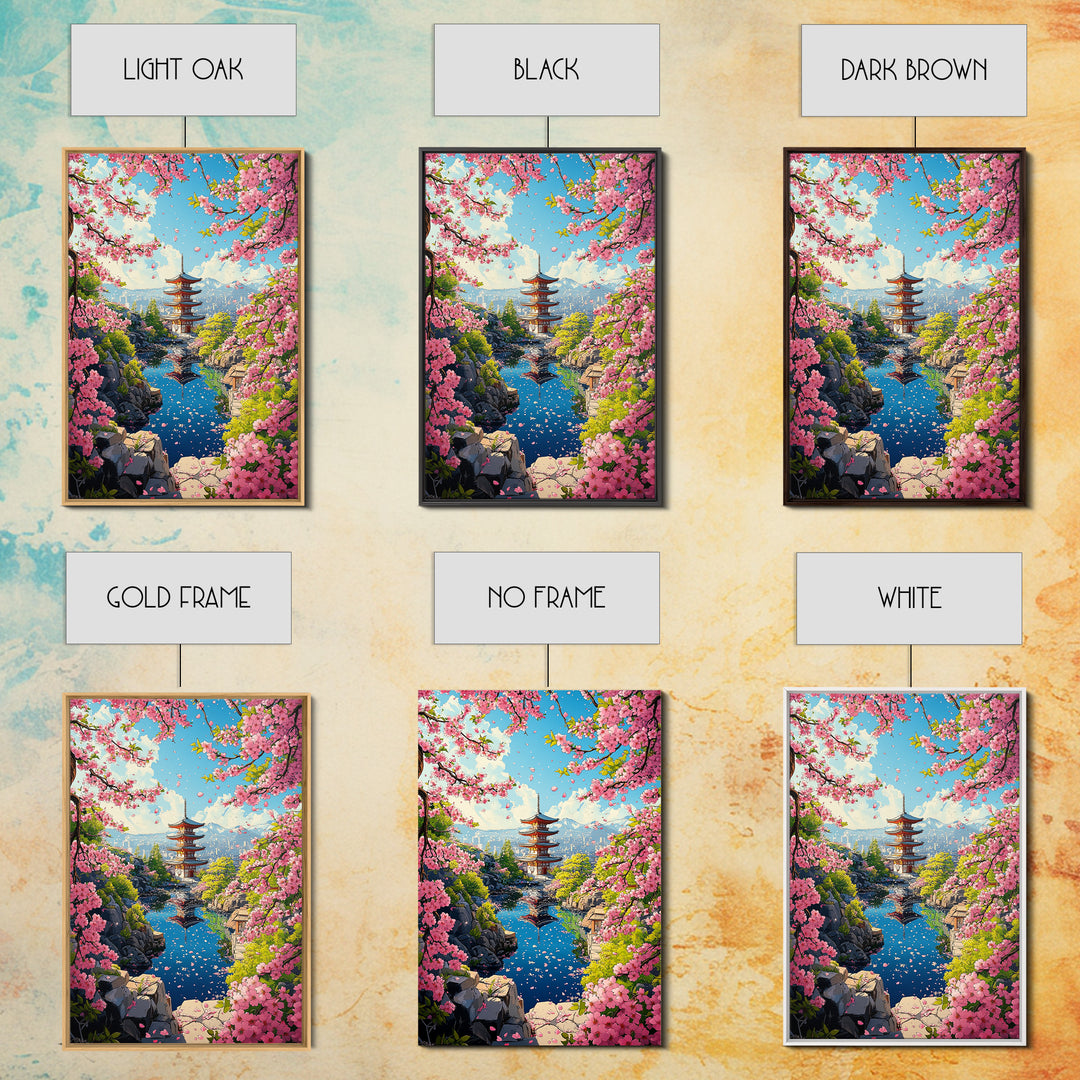 Spring Pagoda With Pink Cherry Blossoms Canvas Print, Japanese Landscape Wall Art, Bright Zen Living Room Decor Gift For Her