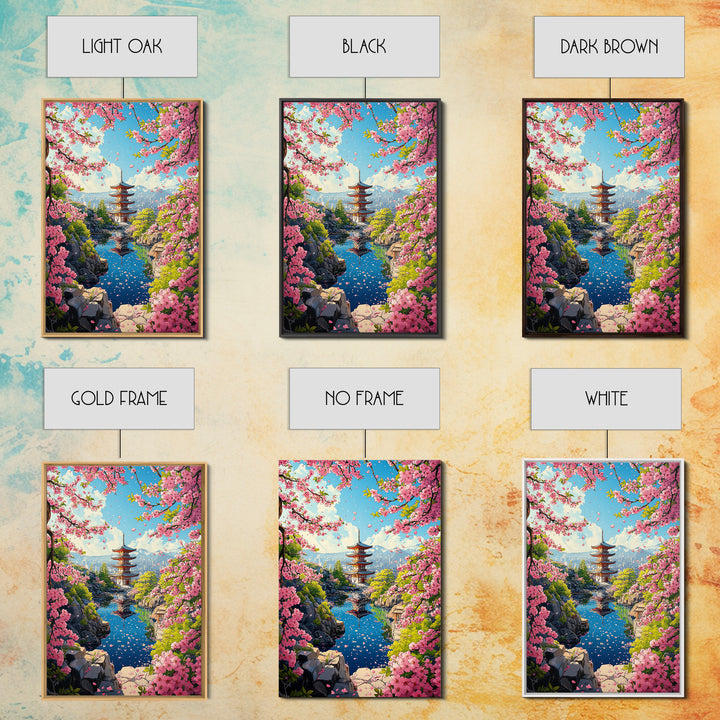 Spring Pagoda With Pink Cherry Blossoms Canvas Print, Japanese Landscape Wall Art, Bright Zen Living Room Decor Gift For Her