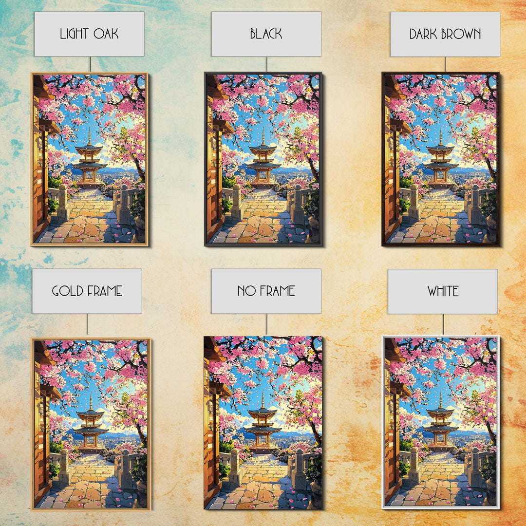 Hilltop Pagoda Under Pink Cherry Blossoms Canvas Print, Japanese Cityscape Wall Art, Bright Spring Decor For Living Room