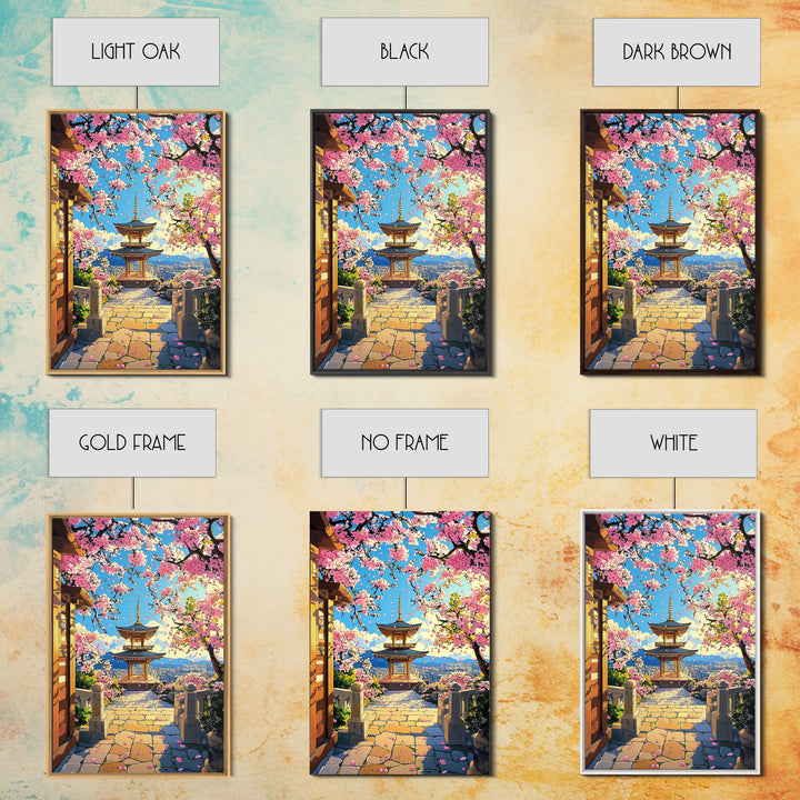 Hilltop Pagoda Under Pink Cherry Blossoms Canvas Print, Japanese Cityscape Wall Art, Bright Spring Decor For Living Room