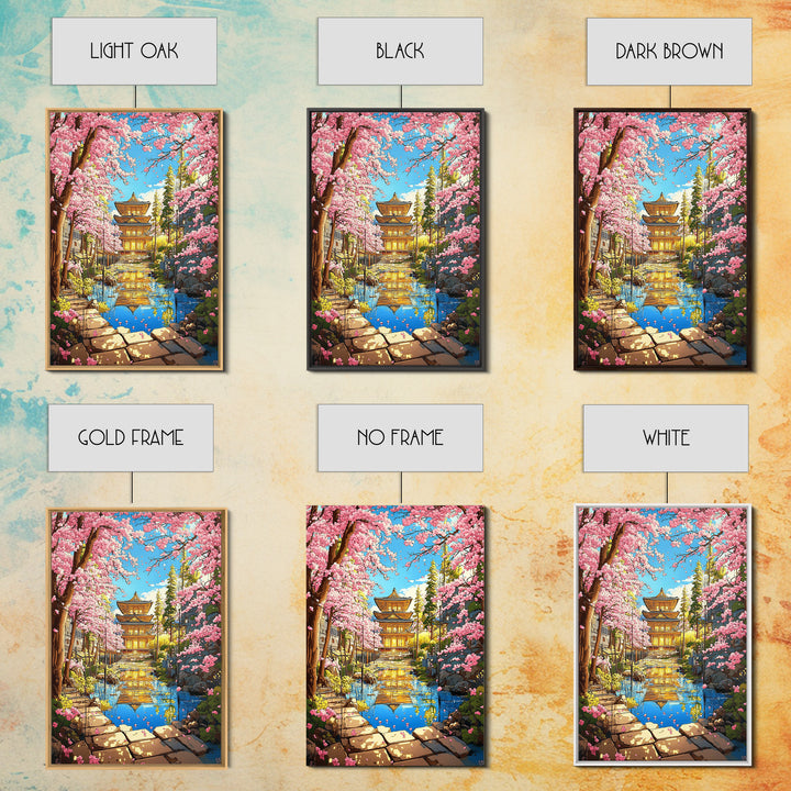 Golden Temple Reflected In Cherry Blossom Canal Wall Art, Japanese Garden Canvas Print, Colorful Spring Living Room Decor