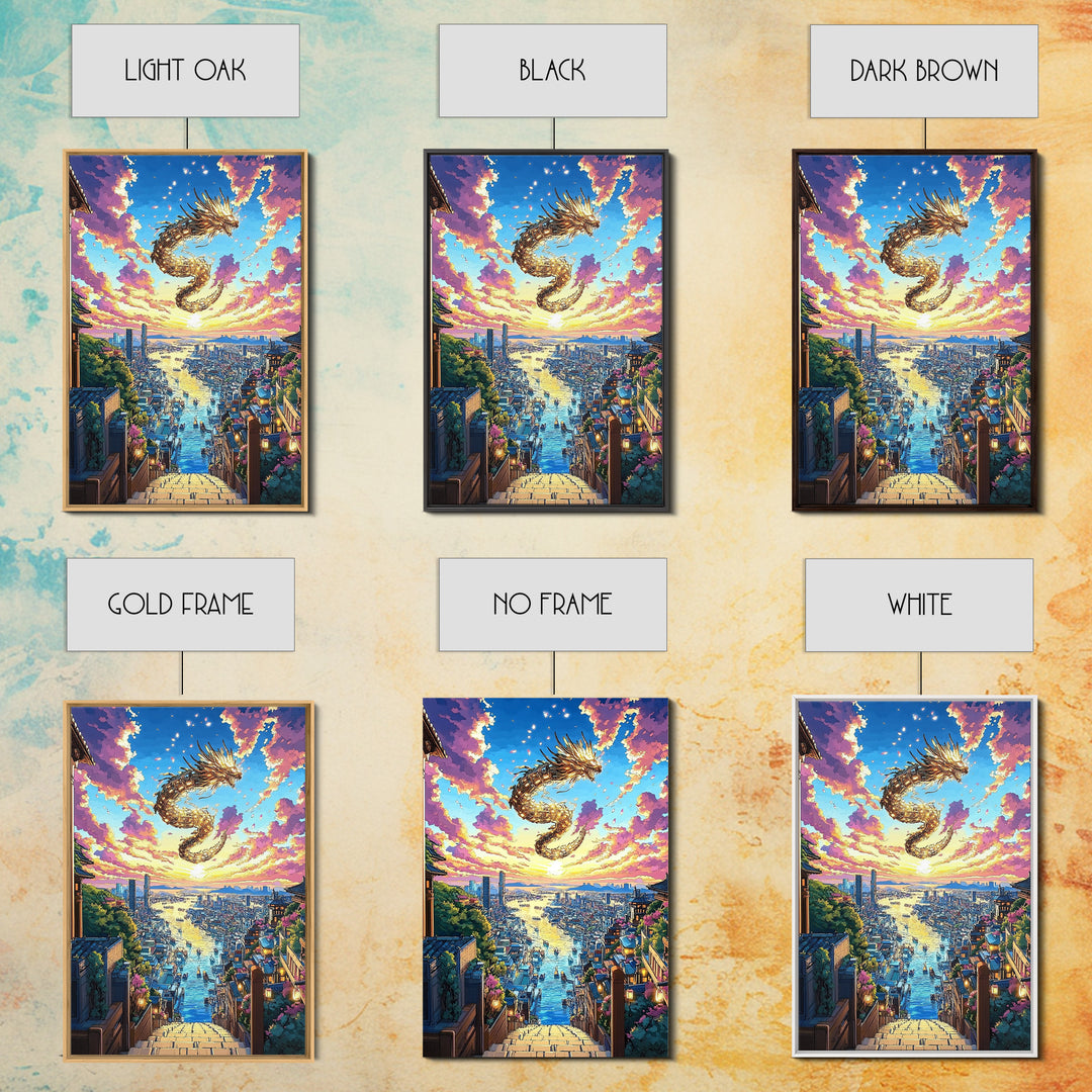 Golden Dragon City Sunset Canvas Print, Japanese Fantasy Wall Art, Vibrant Urban Landscape, Gamer Room Decor, Unique Gift