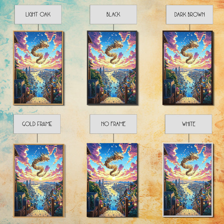 Golden Dragon City Sunset Canvas Print, Japanese Fantasy Wall Art, Vibrant Urban Landscape, Gamer Room Decor, Unique Gift