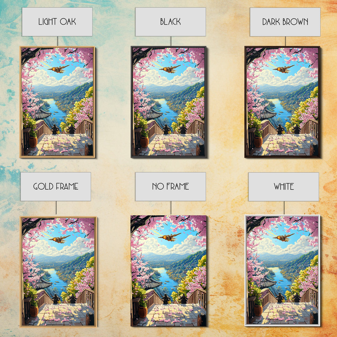 Airship Over Sakura Lake Wall Art, Fantasy Landscape Print, Japanese Mountain Decor, Whimsical Home Decor Gift For Her