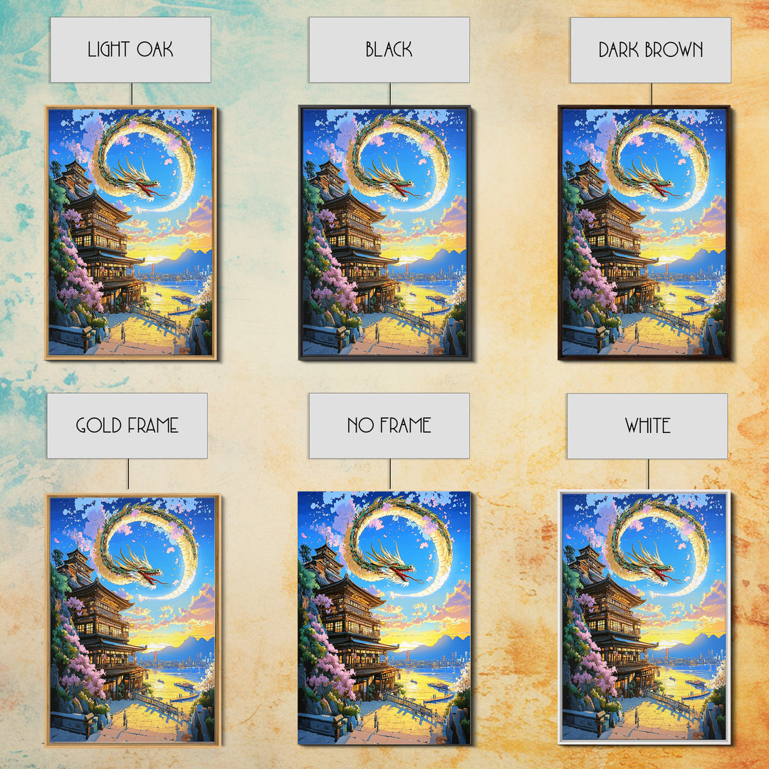 Crescent Dragon Seaside Temple Framed Canvas Print, Japanese Wall Art, Fantasy Coastal Decor, Statement Home Decor Gift