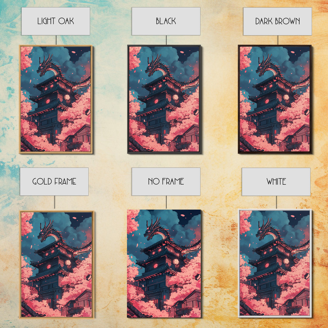 Cherry Blossom Dragon Tower Wall Art, Japanese Fantasy Canvas Print, Anime Pagoda Decor, Sakura Night Living Room Art Home Decor