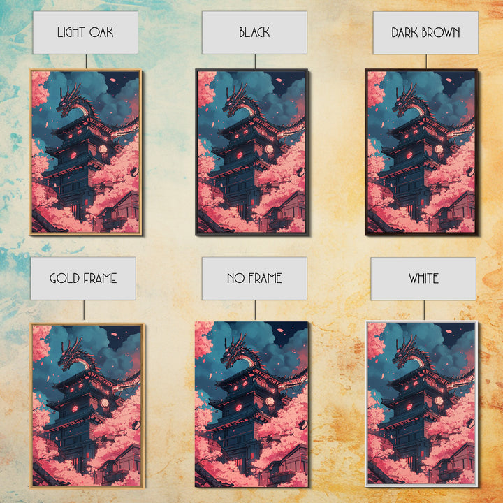 Cherry Blossom Dragon Tower Wall Art, Japanese Fantasy Canvas Print, Anime Pagoda Decor, Sakura Night Living Room Art Home Decor