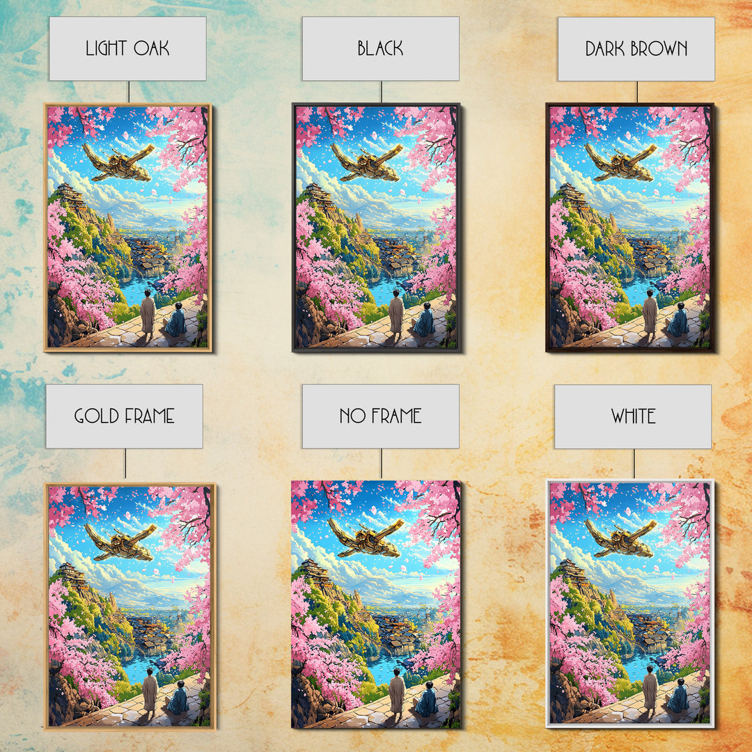 Flying Golden Airship Wall Art, Anime Sakura City Canvas Print, Japanese Fantasy Landscape Decor, Living Room Art Gift For Him