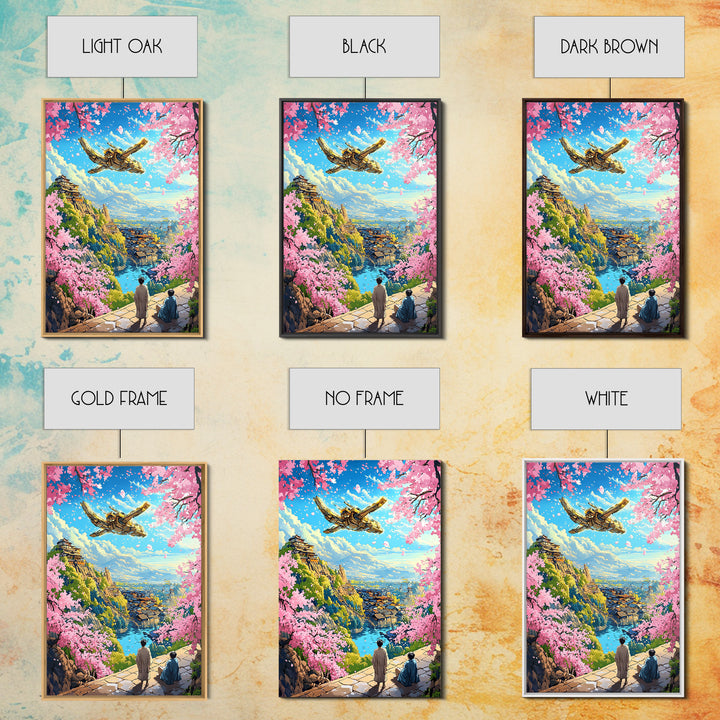 Flying Golden Airship Wall Art, Anime Sakura City Canvas Print, Japanese Fantasy Landscape Decor, Living Room Art Gift For Him