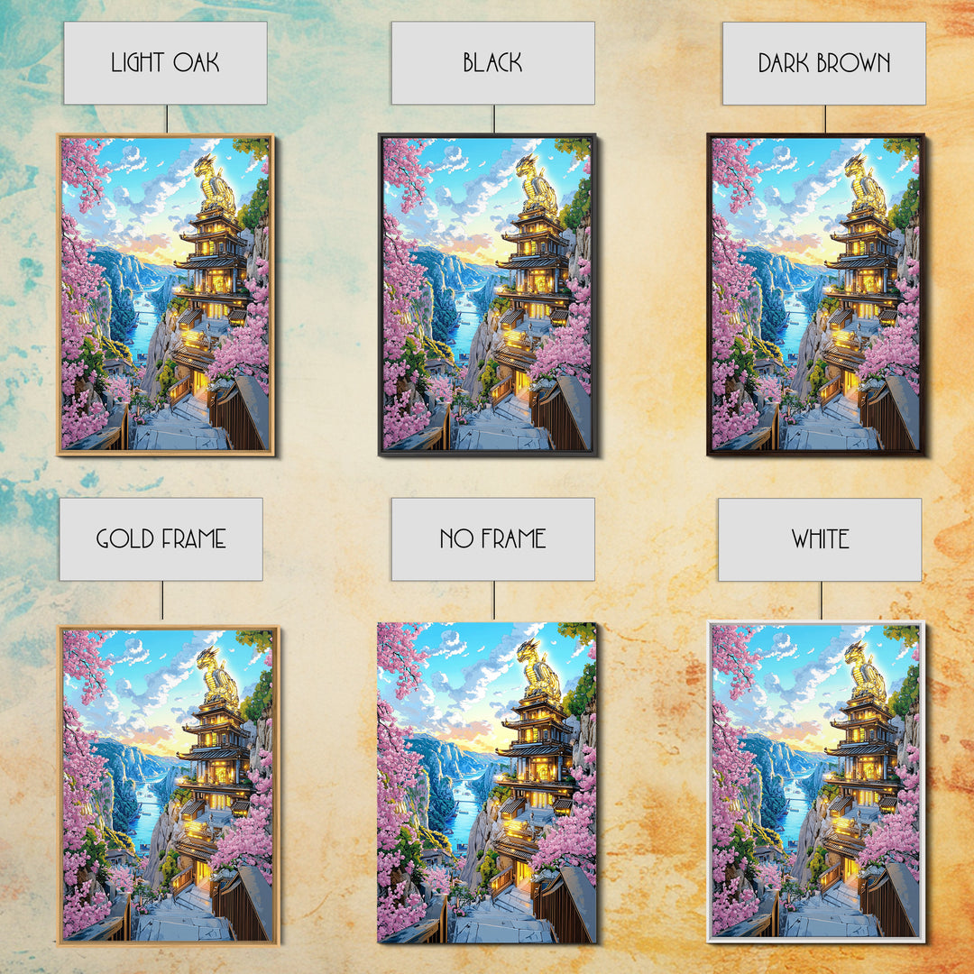 Cliffside Dragon Temple Framed Canvas Print, Sakura Mountain Landscape Wall Art, Japanese Fantasy Decor, Large Living Room Art