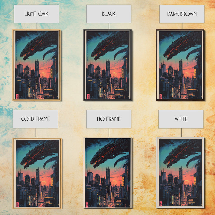 Cyberpunk Dragon City Wall Art, Neon Futuristic Skyline Canvas Print, Japanese Sci Fi Decor, Gaming Room Wall Art Gift For Him