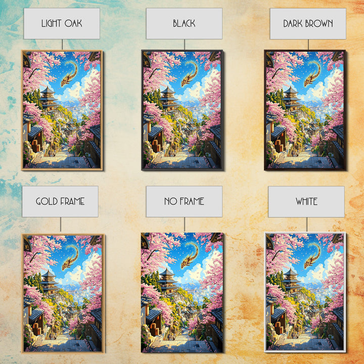 Golden Dragon Over Kyoto Pagoda Wall Art, Japanese Cherry Blossom Fantasy, Anime Landscape, Asian Home Decor, Living Room Art