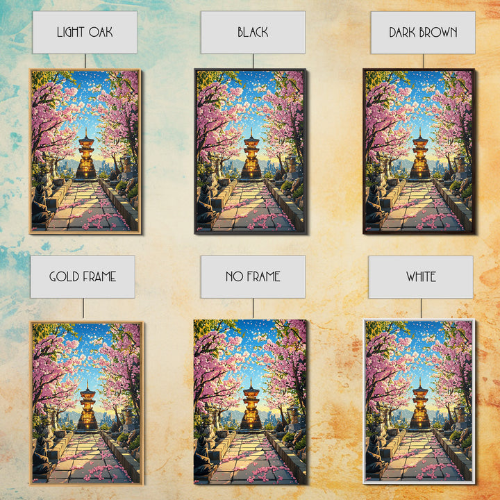 Cherry Blossom Pagoda Path Wall Art, Japanese Temple Landscape, Anime City Skyline, Spring Decor, Large Framed Canvas Print