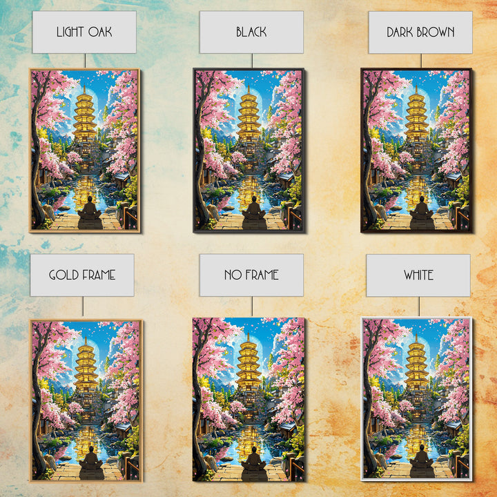 Golden Pagoda Reflecting On Canal Framed Canvas Print, Japanese Cherry Blossom Wall Art, Zen Landscape, Asian Home Decor