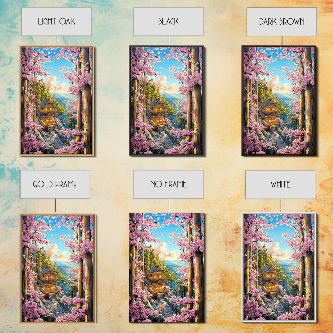 Cherry Blossom Pagoda Forest Wall Art, Japanese Landscape Canvas, Sakura Temple Print, Japandi Home Decor Gift For Living Room