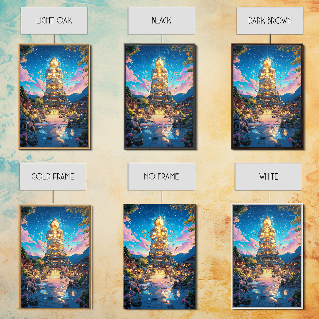 Golden Futuristic Buddha Temple Wall Art, Cyberpunk Japanese Village Canvas Print, Spiritual Sci Fi Decor For Meditation Room