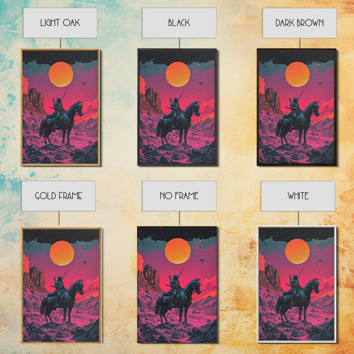 Samurai Horseback Desert Wall Art, Orange Sun Western Japanese Canvas Print, Retro Futuristic Warrior Decor Gift For Man Cave