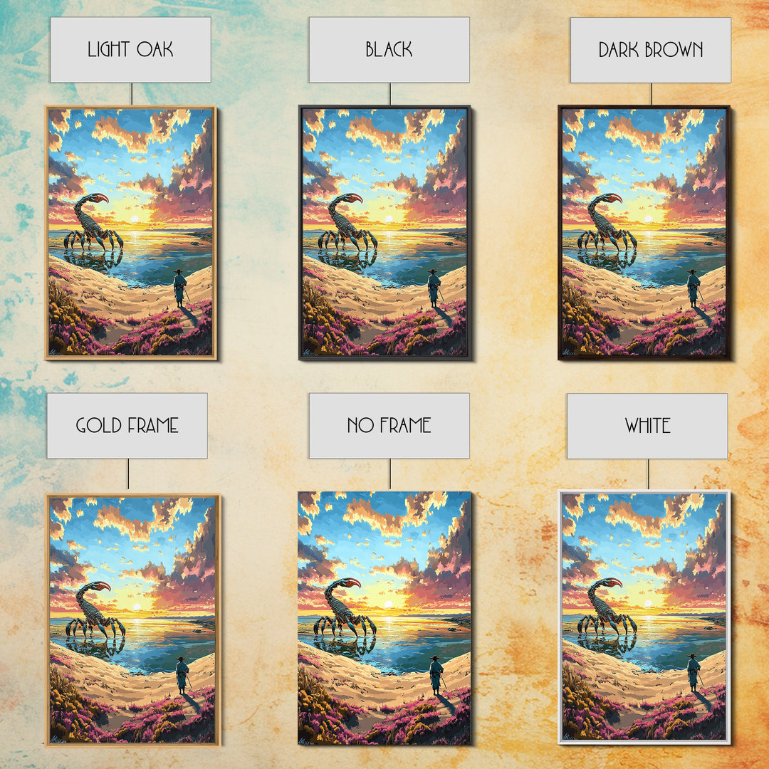 Giant Scorpion Beach Sunset Wall Art, Surreal Fantasy Landscape Canvas, Coastal Sci Fi Decor, Unique Gift For Him, Statement Artwork