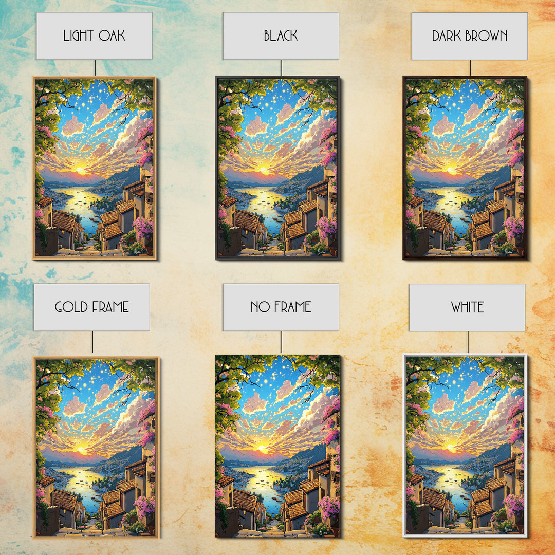Italian Hillside Village Sunset Canvas Print, Coastal Lake Wall Art, Mediterranean Decor, Romantic Travel Poster Gift Idea