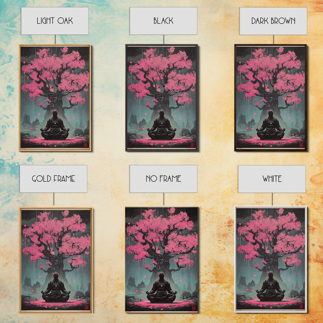 Astronaut Meditating Under Pink Cherry Tree Wall Art, Sci Fi Zen Decor, Dark Botanical Fantasy Framed Canvas Print Gift For Him