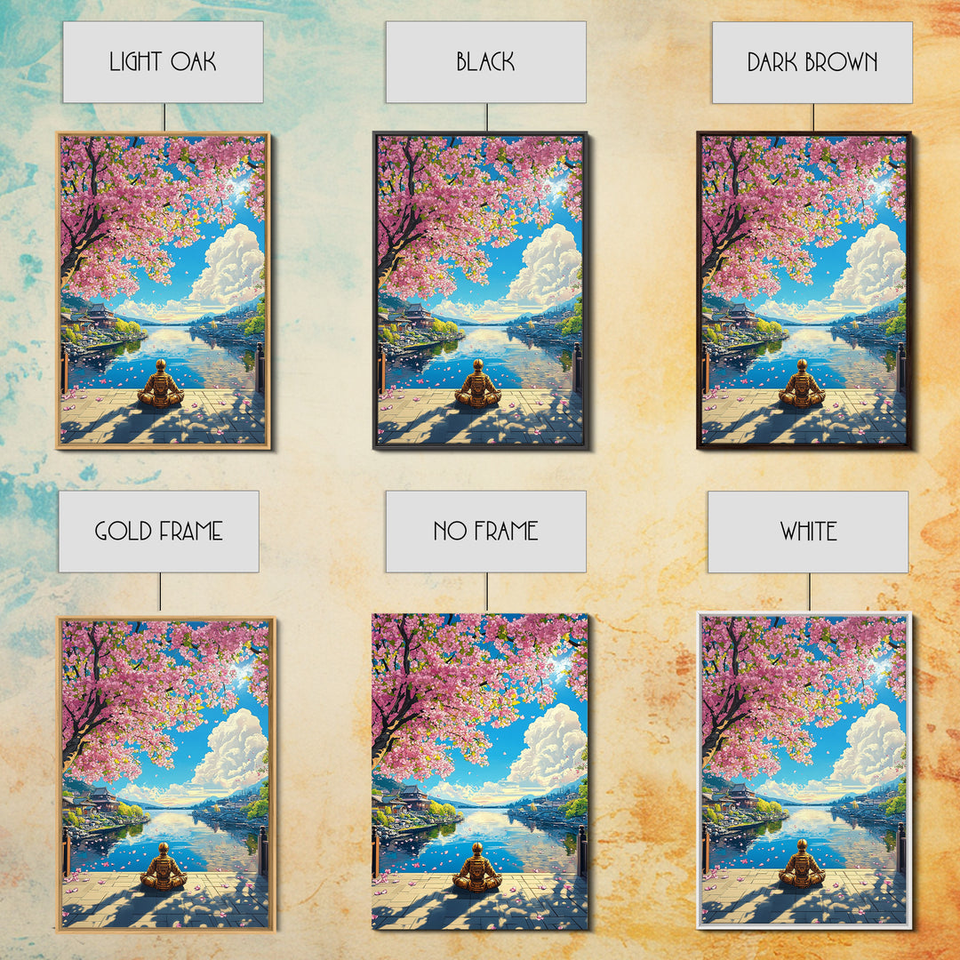 Meditating Samurai Under Pink Cherry Blossoms Wall Art, Japanese Landscape Canvas, Zen Decor, Living Room Art Print, Home Decor