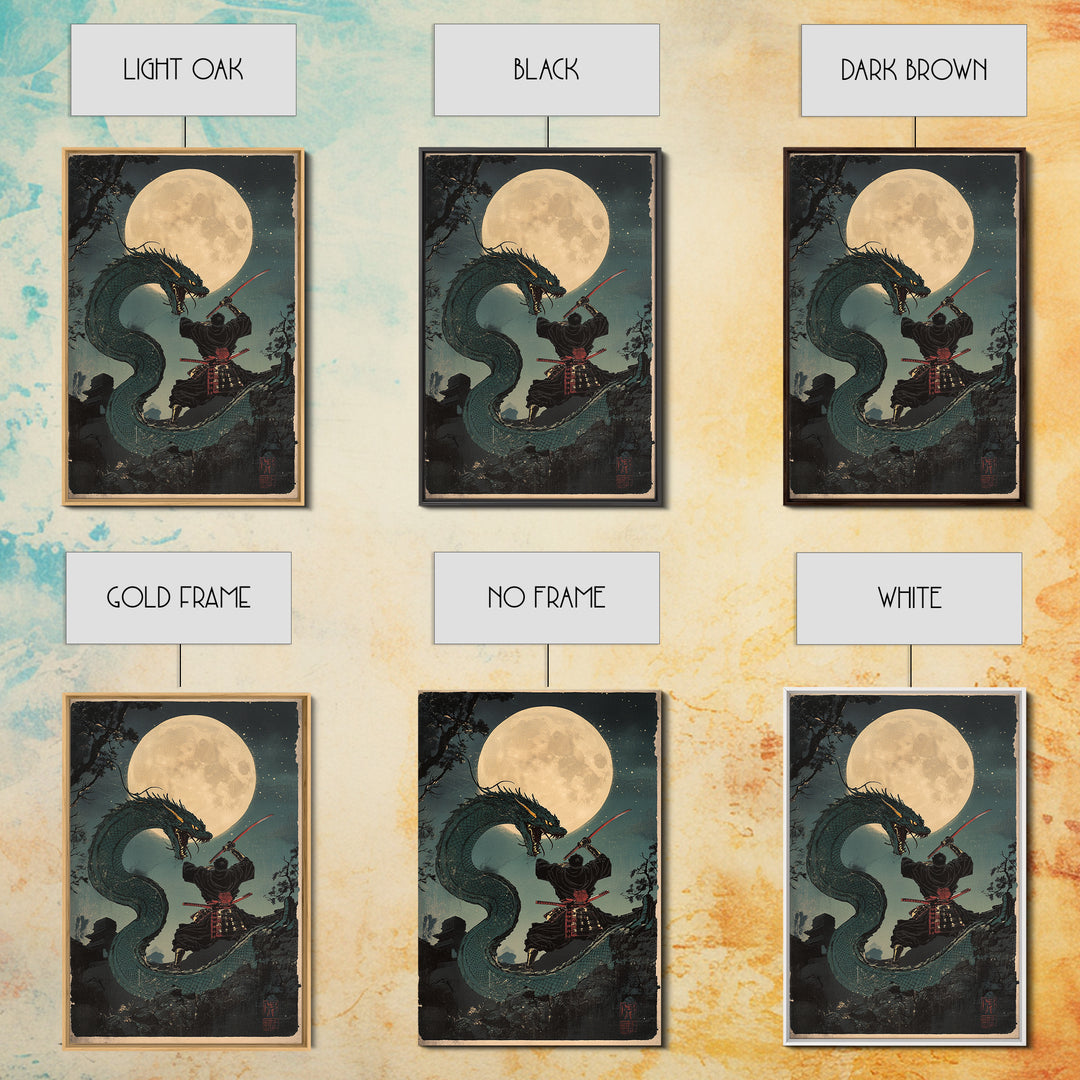 Moon Dragon Duel With Armored Samurai Framed Canvas Print, Japanese Fantasy Wall Art, Dark Academia Decor, Gift For Him, Office Decor