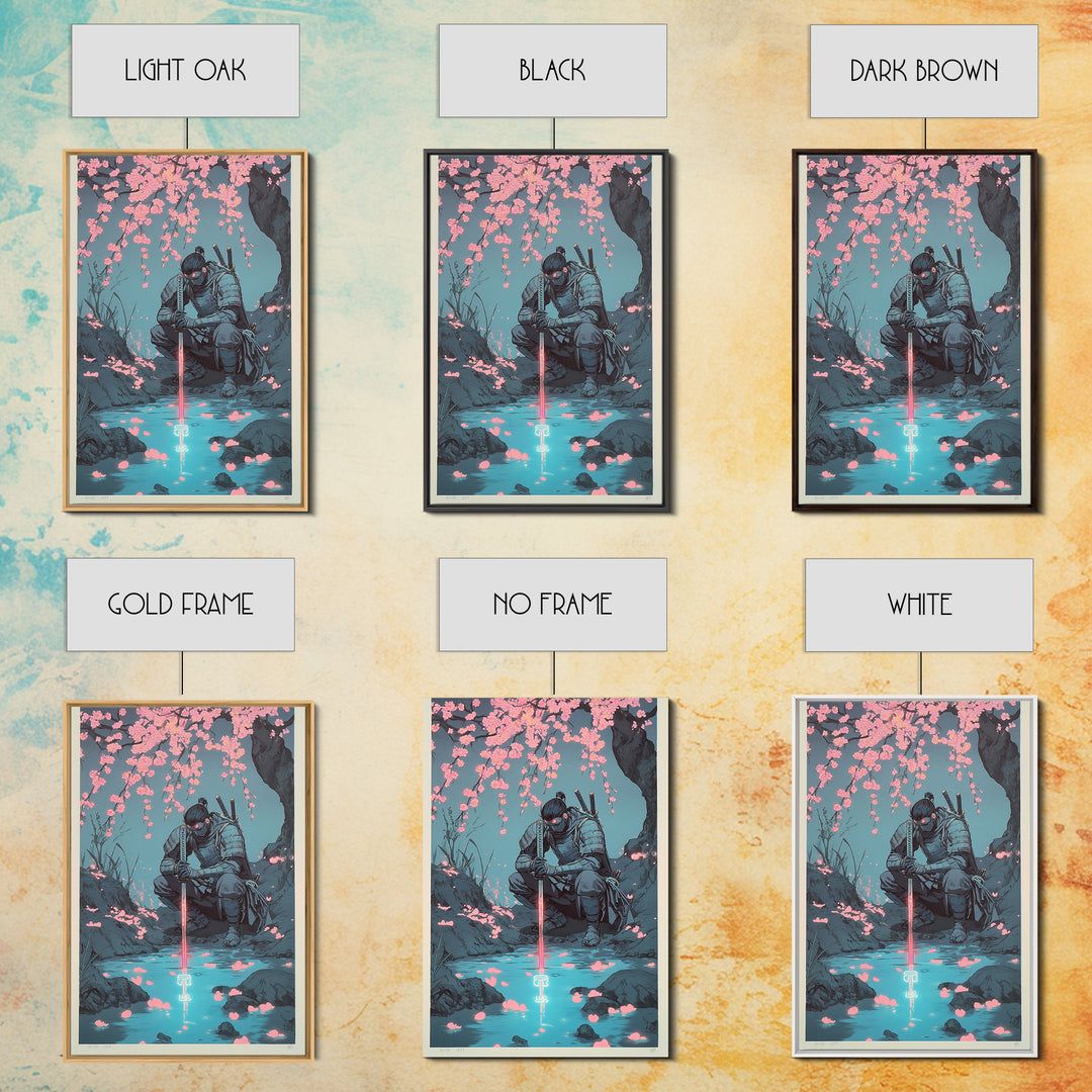 Kneeling Samurai With Glowing Sword Wall Art, Dark Japanese Canvas Print, Cherry Blossom Stream Decor, Ninja Warrior Poster