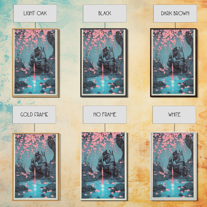 Kneeling Samurai With Glowing Sword Wall Art, Dark Japanese Canvas Print, Cherry Blossom Stream Decor, Ninja Warrior Poster