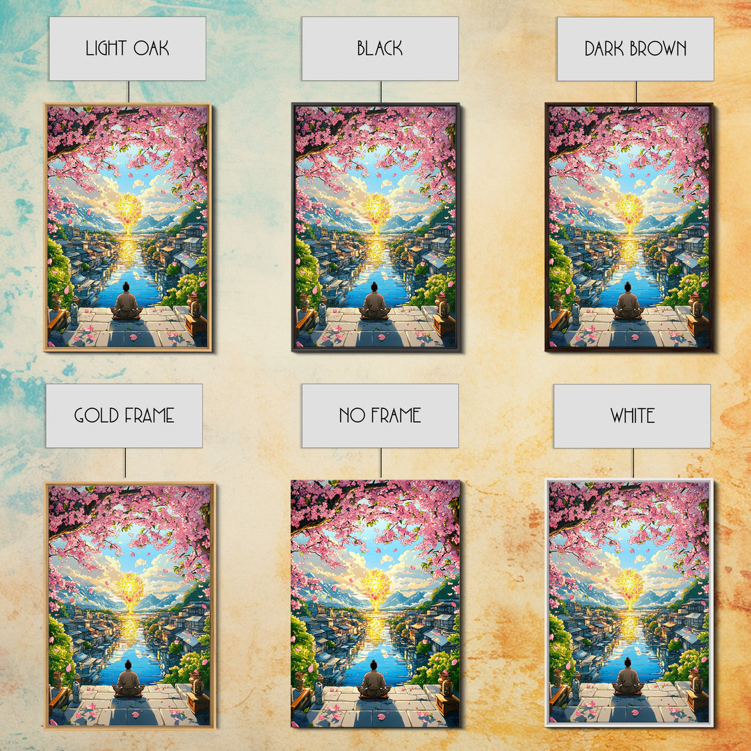 Meditating Figure Beneath Golden Tree Wall Art, Cherry Blossom Canvas Print, Japanese Canal City Decor, Spiritual Landscape