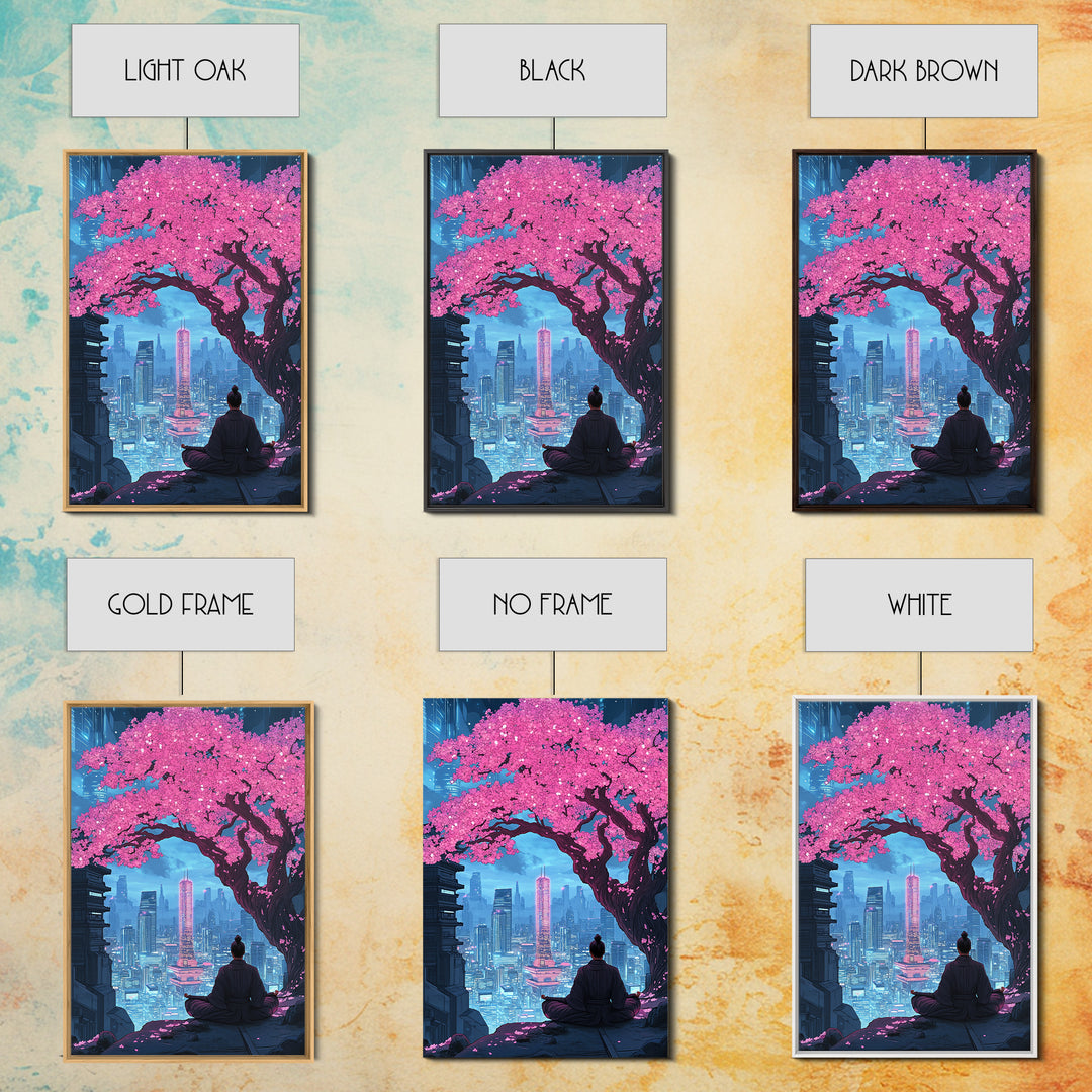 Pink Cherry Blossom Meditation City Wall Art, Cyberpunk Japanese Landscape Print, Neon Urban Decor, Zen Living Room Art Gift