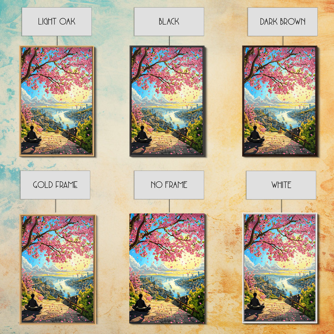 Cherry Blossom Stairway Bay Canvas Print, Japanese Coastal Landscape Art, Peaceful Zen Decor, Colorful Living Room Wall Art