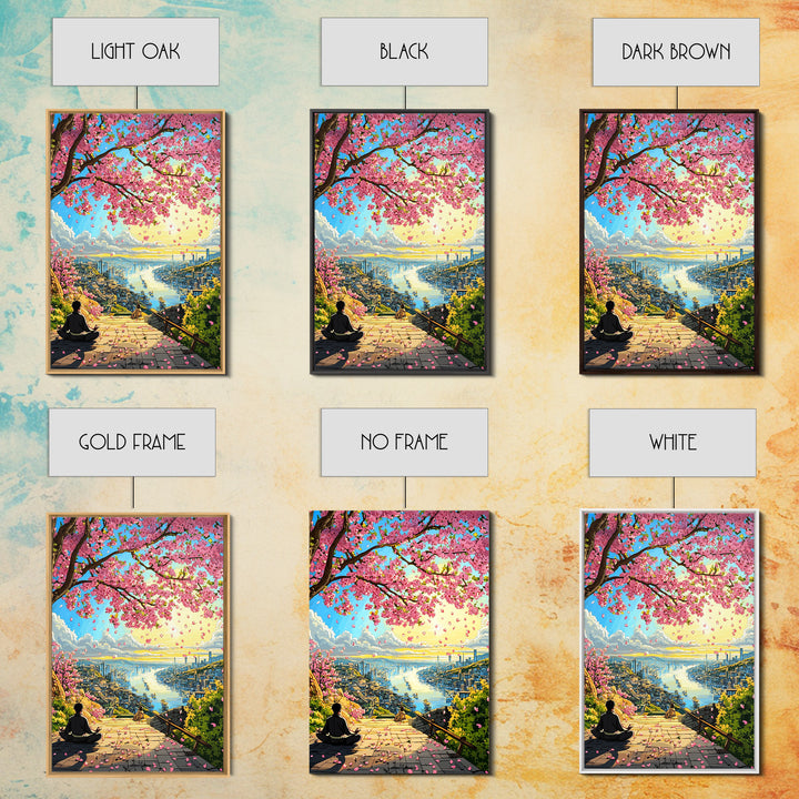 Cherry Blossom Stairway Bay Canvas Print, Japanese Coastal Landscape Art, Peaceful Zen Decor, Colorful Living Room Wall Art
