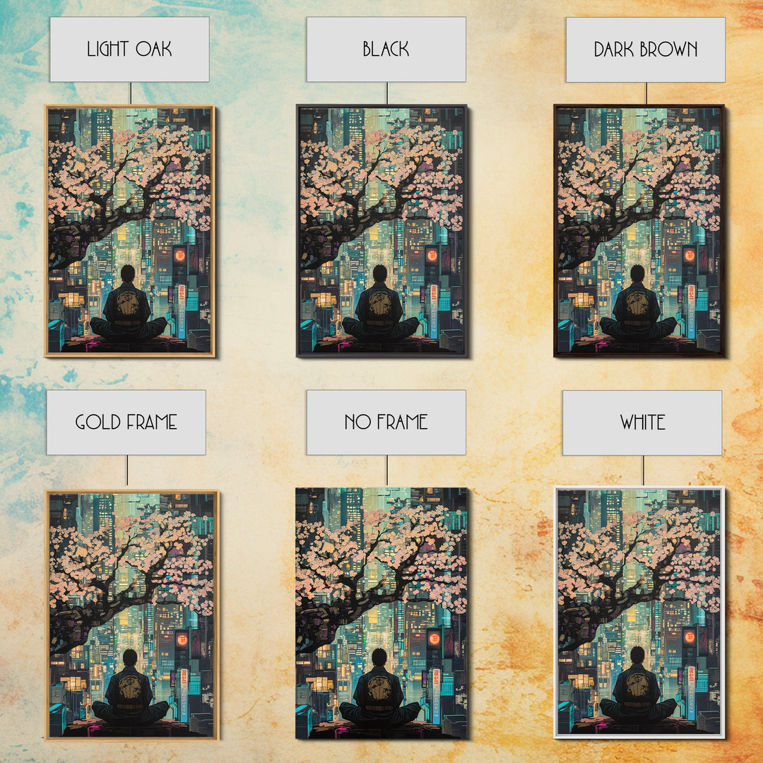 Cherry Blossoms Over Neon City Framed Canvas Print, Cyberpunk Japanese Wall Decor, Urban Zen Meditation Living Room Art Gift