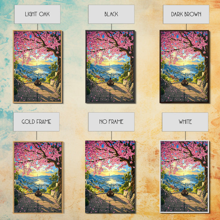 Sunset Cherry Blossom Bay Wall Art, Japanese Landscape Painting, Zen Meditation Decor, Colorful Coastal Living Room Print